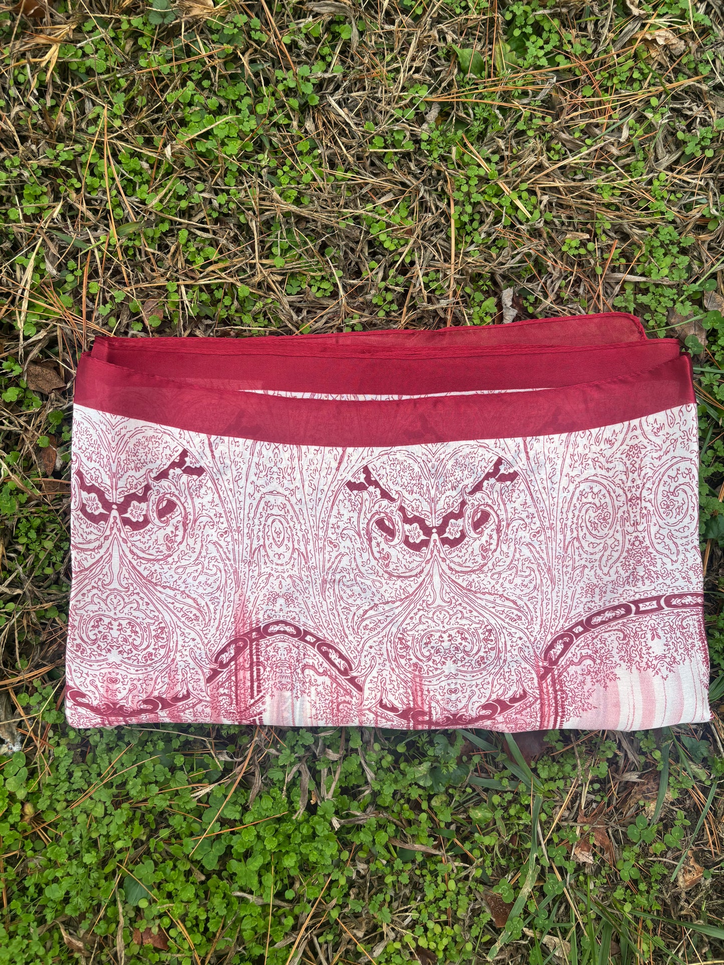 Long Burgundy & White Printed Headwrap
