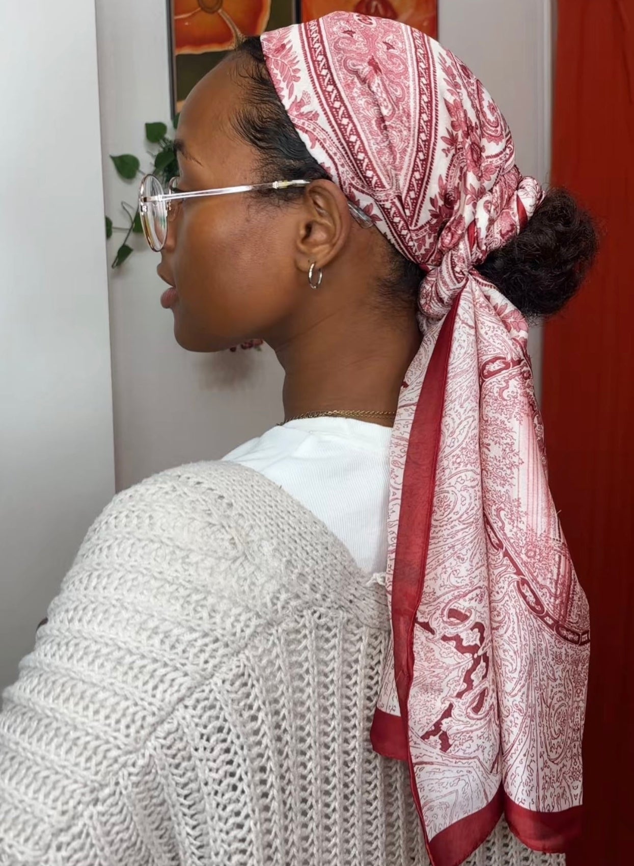 Long Burgundy & White Printed Headwrap